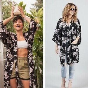 Spiritual Gangster Maya Black Floral Kimono, EUC